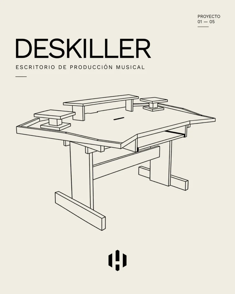 Ilustración técnica del proyecto DESKILLER, escritorio de producción musical a medida diseñado por HEXA Madera.