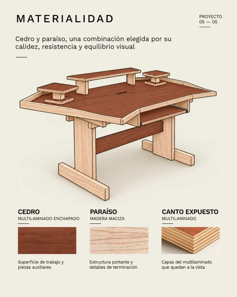 Ilustración del diseño DESKILLER, escritorio de producción musical a medida que combina multilaminado enchapado en cedro y madera maciza de paraíso.